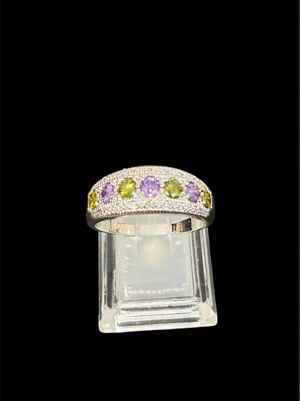 Silver Multi-Gemstone Band Ring - Green & Purple